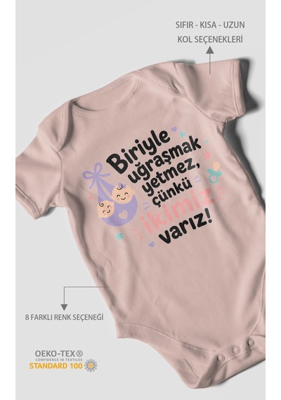 Morivokids Biriyle Uğraşmak Yetmez, Yazılı Kısa Kollu Bebek Body %100 Pamuk Pastel Pembe