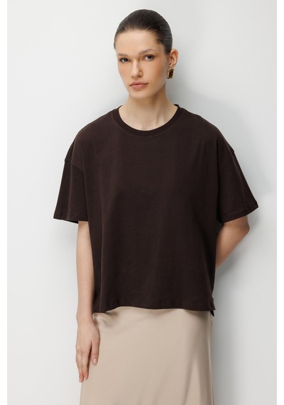 Mixray 4852 Kadın Yırtmaçlı Oversize Basic %100 Pamuk T-shirt Kahve Kahverengi