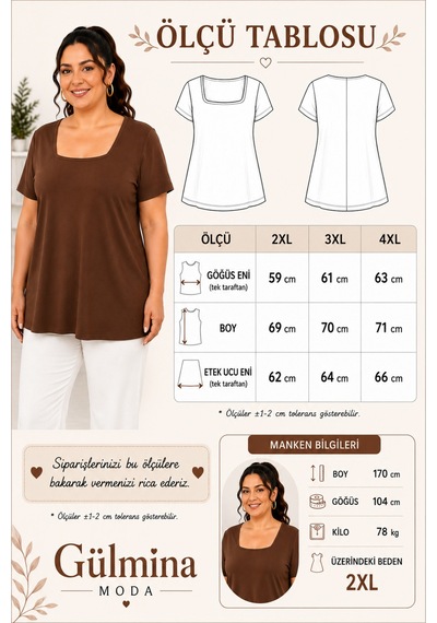 Gülmina Moda Kadın Kare Yaka Büyük Beden Bluz - Kahverengi