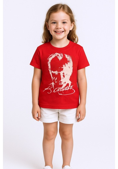 Çocuk Atatürk Ayyıldız Baskılı Tshirt Kısa Kollu A62 Kırmızı - Beyaz