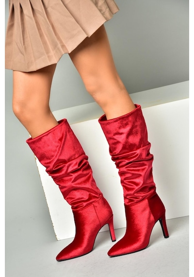 Fox Shoes L404868039 Bordo Kadife İnce Topuklu Kadın Çizme Bordo