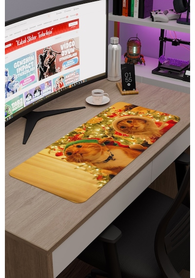 Yeni Yıl Kediler- Kedi- Yılbaşı V1 70x30 Xl Gaming Kauçuk Kaymaz Taban Mouse Pad Fare Altlığı