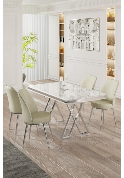 Canisa Vals Serisi 80x130 Lak Panel Beyaz Mermer Desen Masa Takımı Krom Ayaklı 4 Krem Sandalye Beyaz Mermer Desen Masa Sandalyeler Krem Canisa Vals Serisi 80x130 Lak Panel Beyaz Mermer Desen Masa Takımı Krom Ayaklı 4 Krem Sandalye Beyaz Mermer Desen Masa Sandalyeler Krem