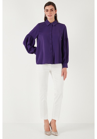 Lela Regular Fit Dikiş Detaylı Düz Yaka Balon Kol Bayan Gömlek 611Go00003 Mor