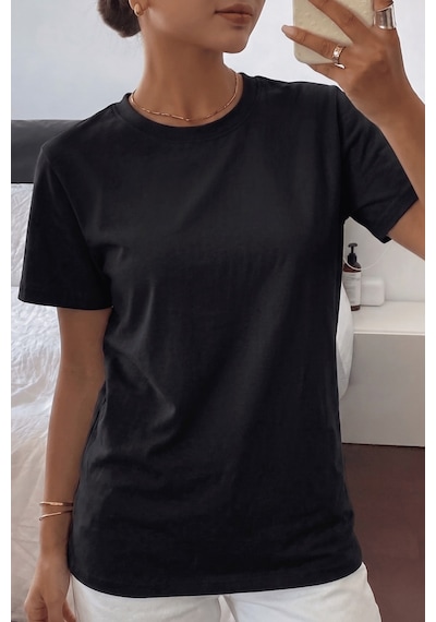 Genıus Store Kadın Tişört Gri Bisiklet Yaka Basic Tişört %100 Pamuk Rahat Kalıp T-shirt Basıc-kadın Siyah