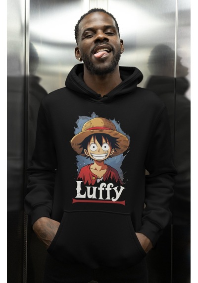 Sevbano Tasarım Monkey D. Luffy Baskılı Unisex Oversize Anime Karakter Ho Siyah