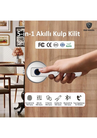 Tr Ofis Otel Akıllı Şifreli Kapı Kolu Kilidi: Parmak İzi-şifre-mobilapp-anahtar-kart/gümüş Genel