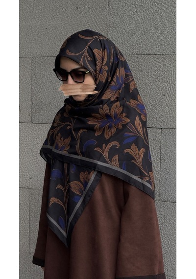 Qalortex Scarf Pamuklu Yaprak Desen Eşarp - Siyah - Morcivert Morcinevt