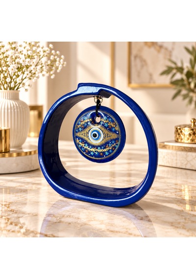 Nazar Gözlü Dekoratif Masa Süsü Mavi Standlı Mandala Desenli Obje 15x17 Cm