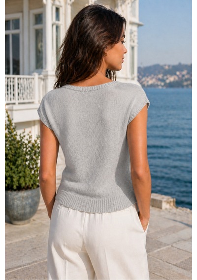Aqefashion Kadın Kayık Yaka Kolsuz Pamuklu Boyu Ayarlanabilir Lastikli Rahat Yumuşak Crop Gri Triko Bluz