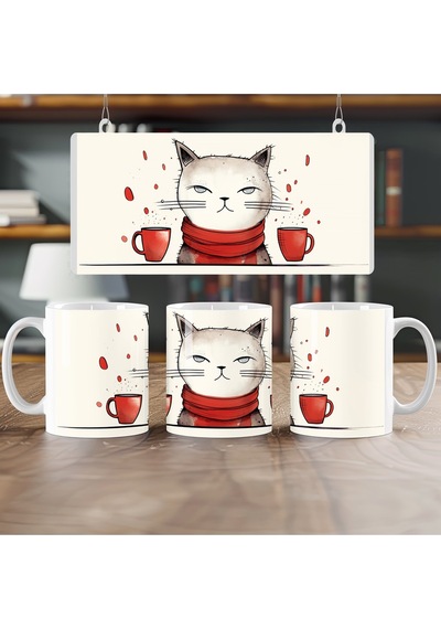 Kedi Figürlü Kupa Bardak - Sevimli Hayvan Severlere Hediye Fikir - 11 Oz Beyaz