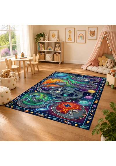 Kartela Halı Uzay Macerası Kaymaz Taban Çocuk Oyun Halısı - 160 X 240 Cm Çok Renkli