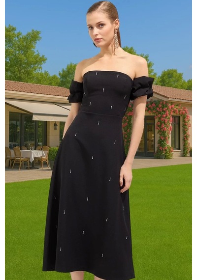 Ersefa Şık Beyaz Midi Abiye Elbise Taş Detaylı Bodycon Yazlık Şık Görünü Siyah