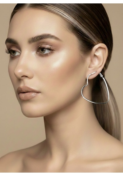 Kalp Model Halka Silver Renk Çelik Küpe 6cm Gümüş