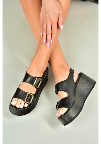 Fox Shoes U946418509 Siyah Dolgu Topuklu Kadın Ayakkabı Siyah-suni Deri