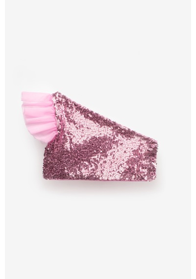 Le Mabelle Pembe Pullu Tek Omuzlu Kolu Tül Detaylı Kız Çocuk Crop Bluz - Bianca Pembe