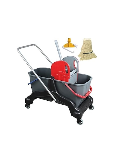Çift Kovalı Temizlik Arabası - Temizlik Seti Mop Ve Aparatı - 3 Parça Paspas Arabası - 25 Litre - Siyah
