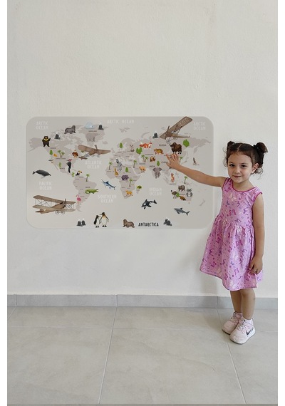 Eğitici Dünya Haritası Dünya Atlası Çocuk Ve Bebek Odası Duvar Sticker-60x105-3797 Çok Renkli