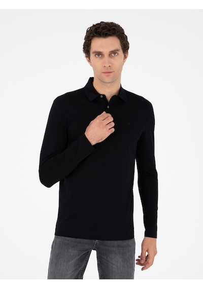 Siyah Regular Fit Polo Yaka Pamuklu Sweatshirt