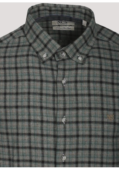 Erkek Gömlek Yeşil Uzun Kol Ekose Kareli Flanel Yün Tuşeli Slim Fit Düğmeli Yaka Shirt Ncs Jeans 7270-yeşil Yeşil
