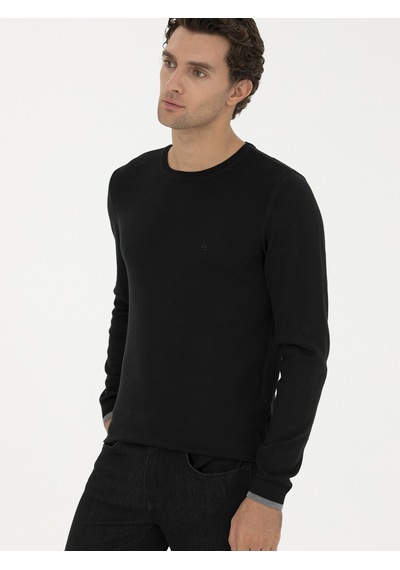 Cacharel Siyah Slim Fit Pamuk Karışımlı Bisiklet Yaka Basic Triko Kazak