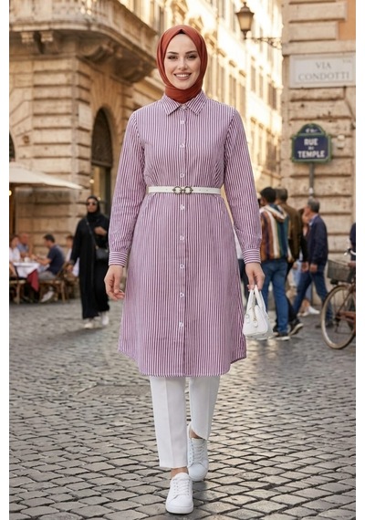 Hb Harma Time Butik Kadın Çizgi Desenli Kemerli Keten Mor Gömlek