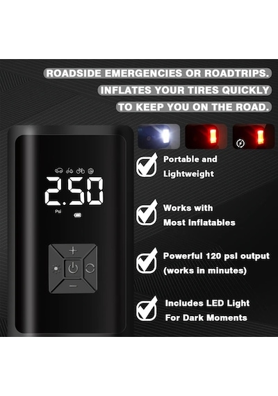 Meridiangoods Portable Tire Inflator Air Pump Mini Hava Kompresörü Dijital Göstergeli Otomatik Stop