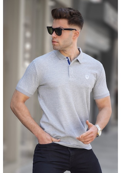 Madmext Boyalı Gri Çizgili Polo Yaka Tişört 5881-boyalı Gri Boyalı Gri