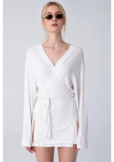 Cloudymood Kadın Siyah Kuşaklı Ultra Soft Ekru Kimono Beyaz - 924380525 Beyaz
