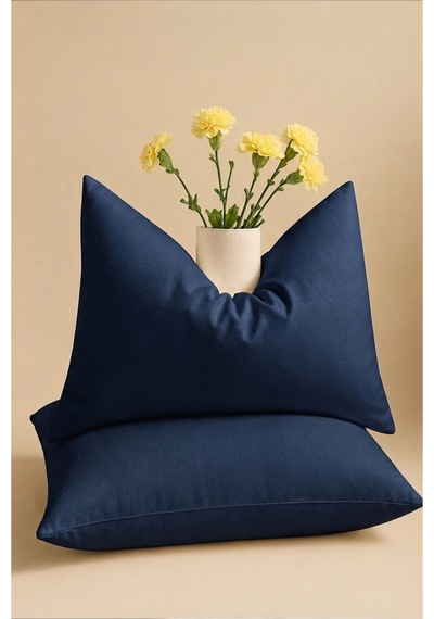 Lacivert Renkli Pamuklu Ranforce Kumaş Kapaklı Yastık Kılıfı 2 Adet 50x70 Cm