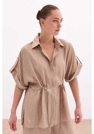 Sateen Bel Büzgü Detaylı Gömlek - Camel-136097 CAMEL