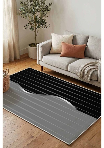Yıkanabilir Kaymaz Taban Dijital Baskılı Halı Ve Yolluk Leke Tutmaz Salon & Mutfak Halısı - 1504 Siyah