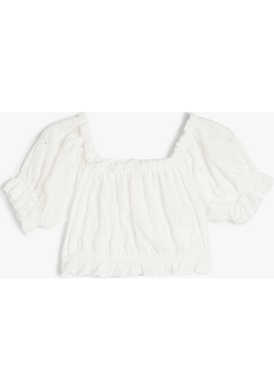 Koton Crop Bluz Balon Kol Fisto Detaylı Ekru 4skg10040ak Ekru