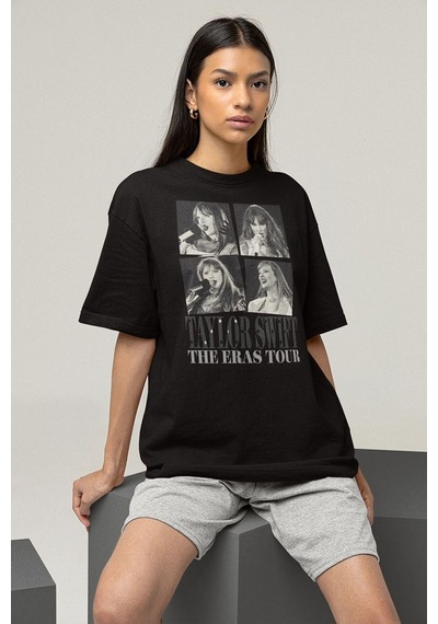 The Eras Tour Yazılı Unisex Tişört, Oversize Taylor Swift Tişört Siyah