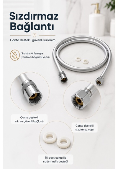 Gümüş Pvc Duş Hortumu 150 Cm Dolanmaz 360 Döner Başlıklı Yüksek Basınçlı İnox Banyo Spirali