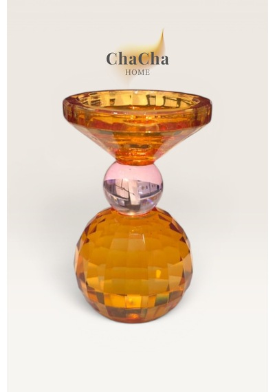 Chacha Home Crsyball Renkli Kristal Mumluk - Dekoratif Cam Şamdan- Küçük Boy - 15x25 Cm Turuncu