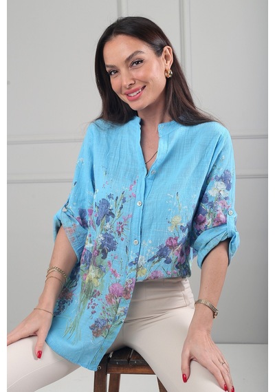 By Saygı Kadın Çiçek Desenli İtalyan Cotton Oversize Gömlek Mavi