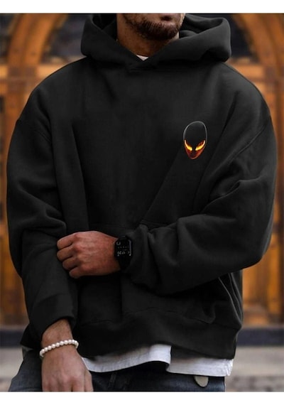 Alien Logo Sweatshirt - Siyah Baskılı Oversize Kapüşonlu Siyah