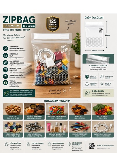 Zip Bag Premium Kilitli Çok Amaçlı Poşet 20 Adet 18x22 Cm
