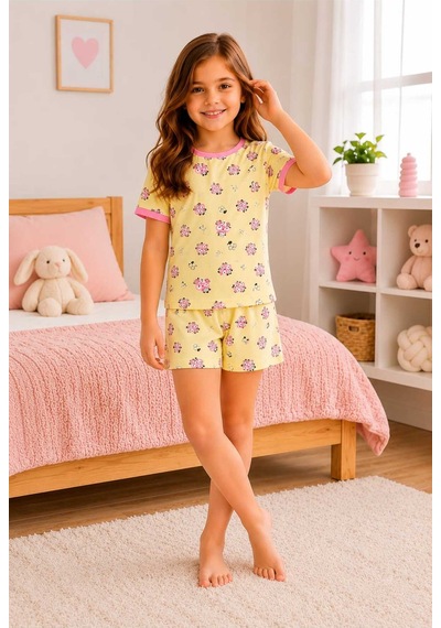 Tenra Kız Çocuk Pamuklu Şortlu Pijama Takımı 3-12 Yaş Sarı
