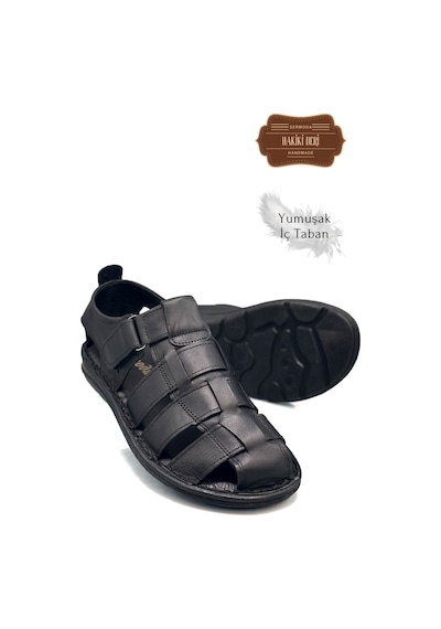 Sermoda Hakiki Deri Burnu Kapalı Erkek Sandalet Siyah