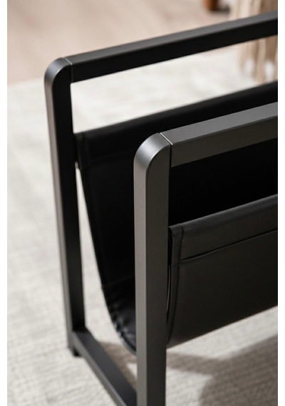 Linia Modern Metal Dergilik - Siyah Deri Detaylı Dekoratif Gazetelik Ve Kitaplık
