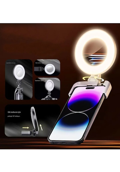 Şarjlı Aynalı Selfie Video Kamera Işık Tripod Uyumlu Dimmer 3 Renk Çekim Işığı Telefon Kamera Uyumlu
