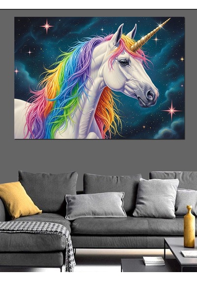 Uzayda Renkli Tekboynuzlu Unicorn At Dekoratif Kanvas - Mdf Ahşap Tablo