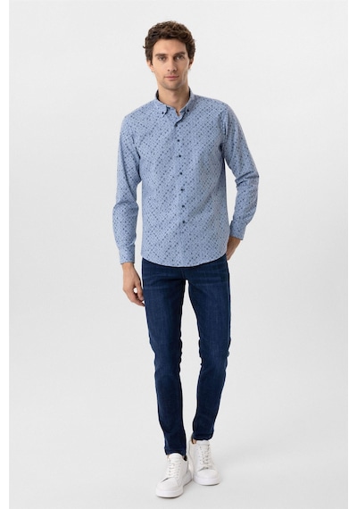 Süvari Mavi Slim Fit Düz Düğmeli Yaka Gömlek-34234 Mavi