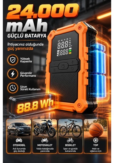 Tr Akü Takviye Hava Kompresörü 150 Psı 24000 Mah 2000 Amper Taşınabilir Araç Lastik Şişirme Pompası Powerbank L