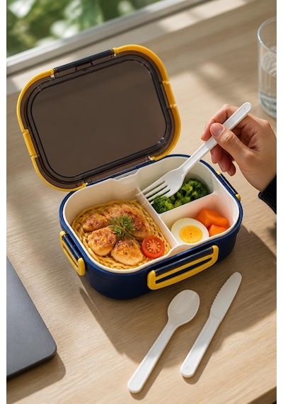 1200 Ml 2 Katlı 6 Bölmeli Bpa'sız Pp Plastik Sefer Tası Ve Beslenme Çantası - Hava Kilitli Bento Lunch Box, Çatal Ve Kaşık Dahil Mavi Çok Renkli