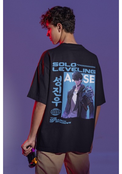 Solo Leveling Arise Sırt Baskılı Unisex Oversize Anime Karakteri Siyah