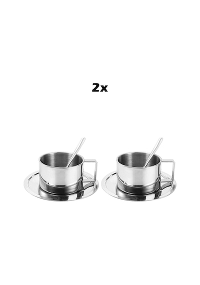 Çelik 2 Adet 3 Parça 200 Ml Çift Cidar Espresso Kahve Fincan Seti Sunum Bardağı Gri