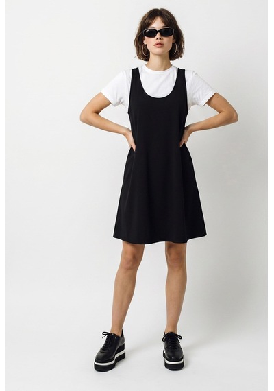 Kadın Basic T-shirt Detaylı Askılı A Kesim Kısa Elbise 4153 60286368 - Siyah